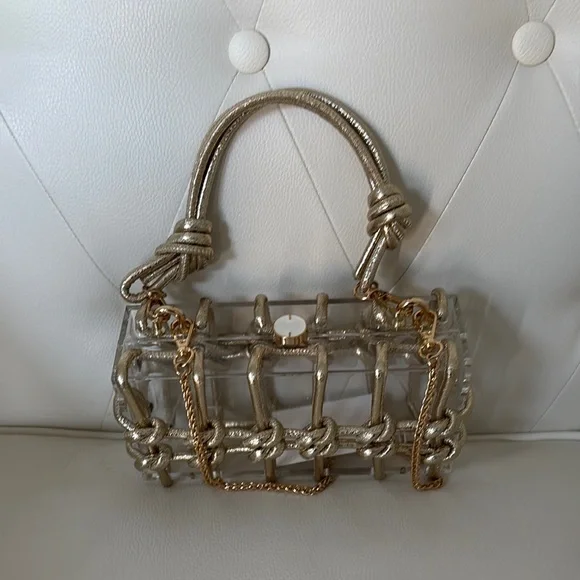 Gold Braided, Gold chain, Two Way Box Clutch & Shoulder Bag, Transparent bag. Mini Bags